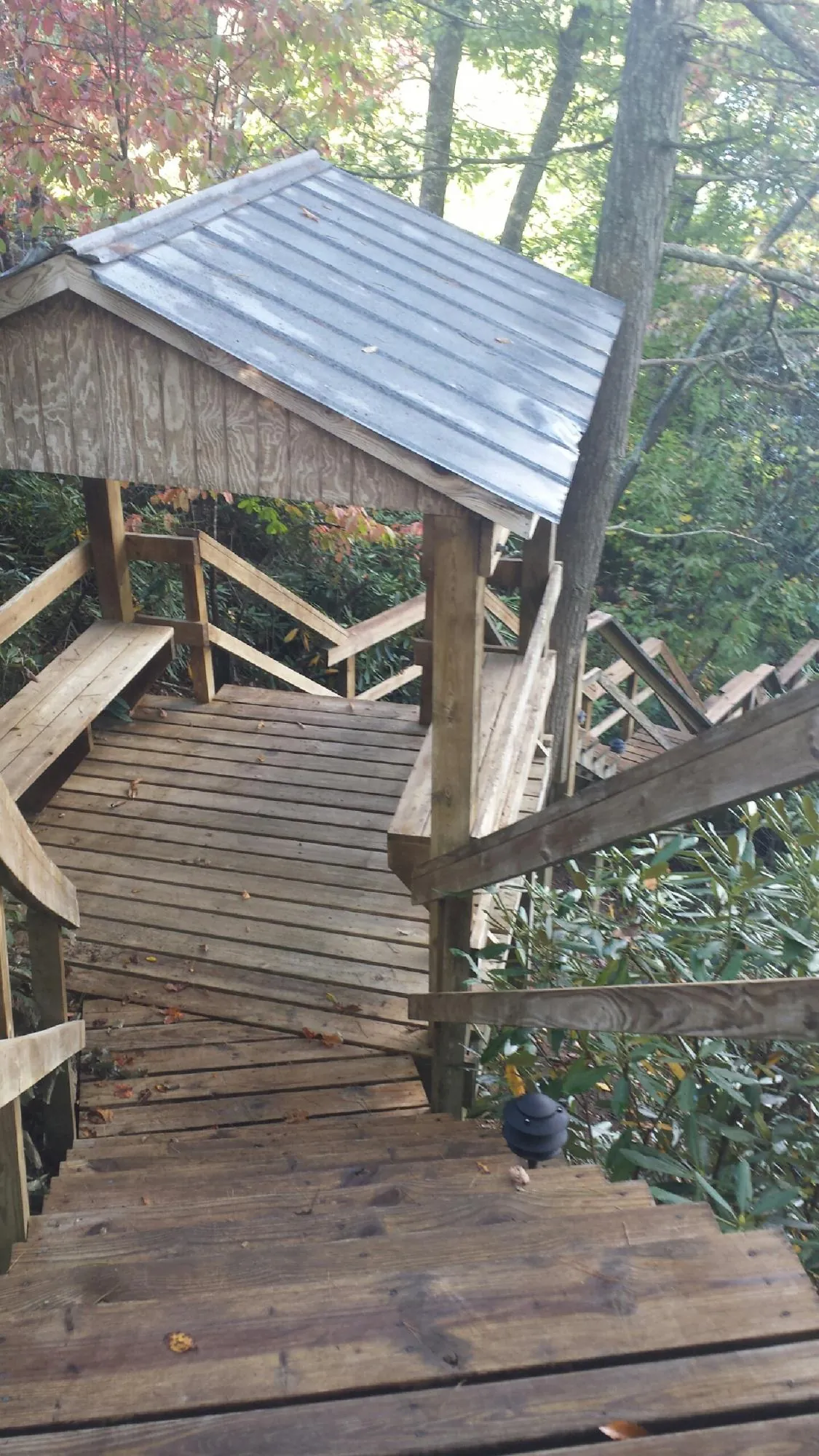 Metal roofed shelter over wooden steps on a wooded walkway — Skylight Repair & Installation work by our crew in Albion